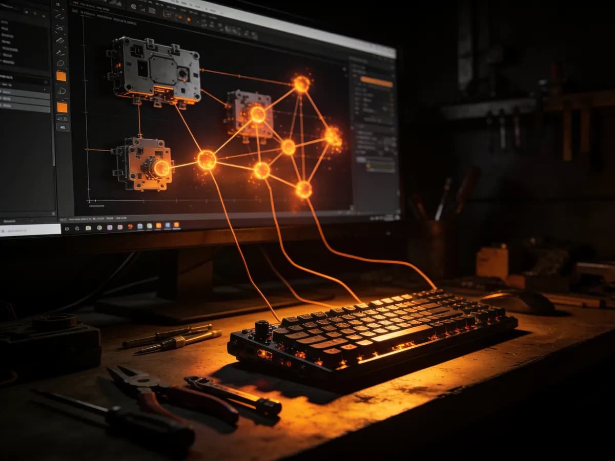 Dark workbench monitor showing modular app interface blocks joined by a glowing orange node graph