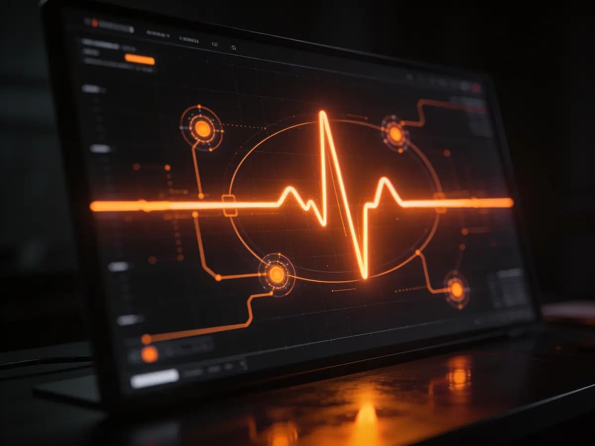 Dark dashboard screen with a bold orange pulse line and orbiting automation nodes