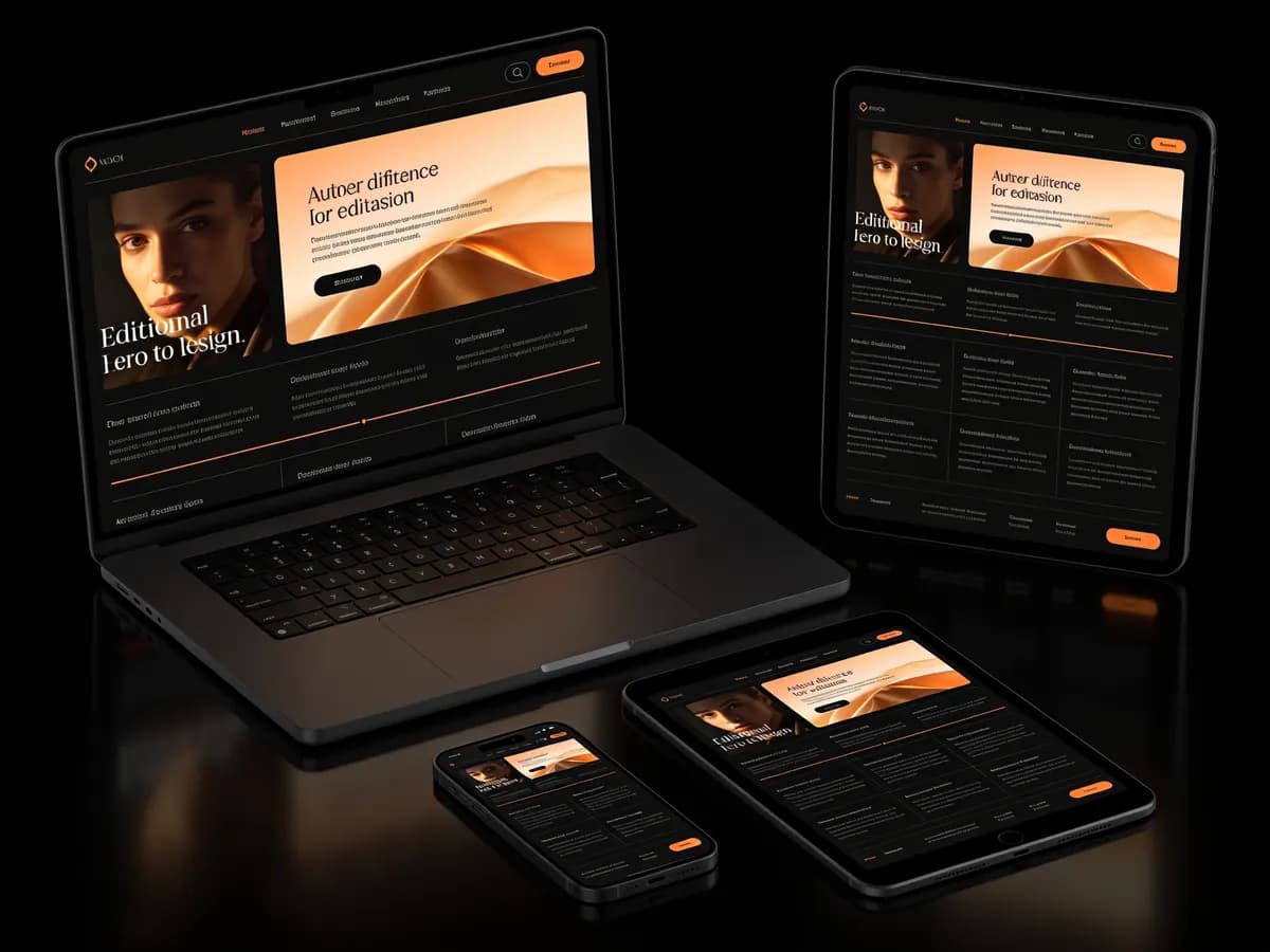 Laptop, tablet, and phone on a dark surface each showing the same dark editorial website with orange accents