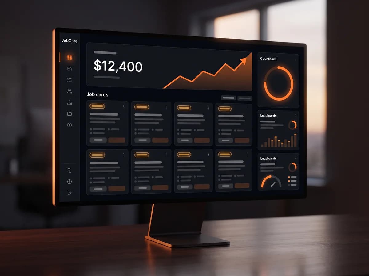JobCore operating system dashboard on a desktop monitor — profit hero with rising trend, grid of job cards, and the lead-market countdown