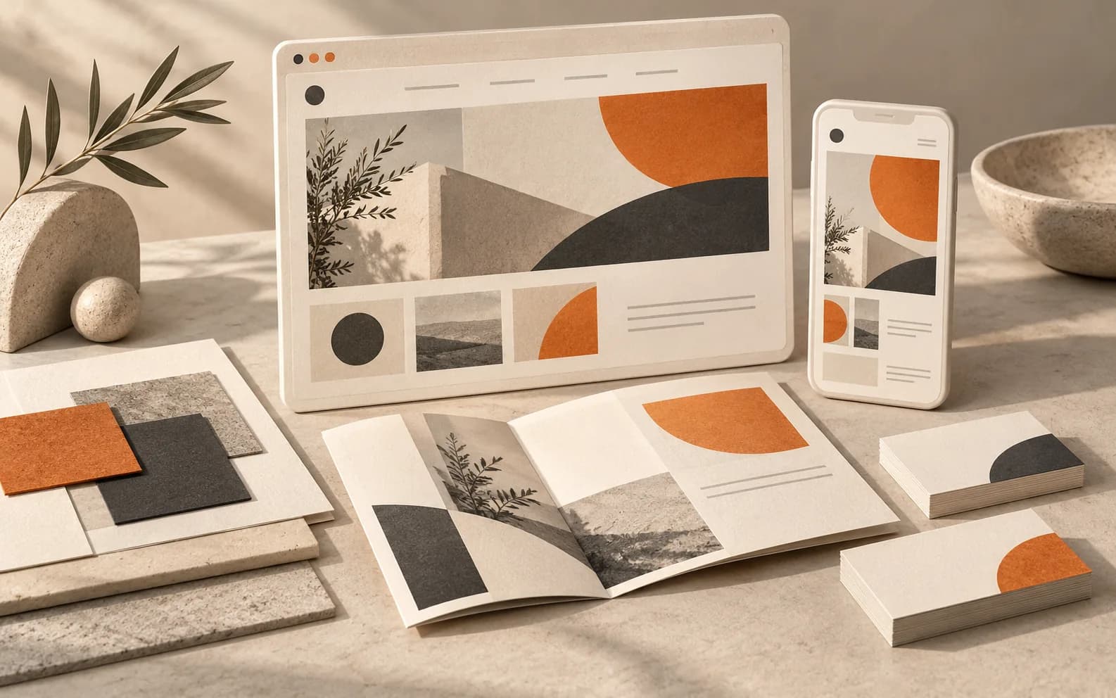 An illustrated collection of website layouts, print pieces and coordinated brand materials.