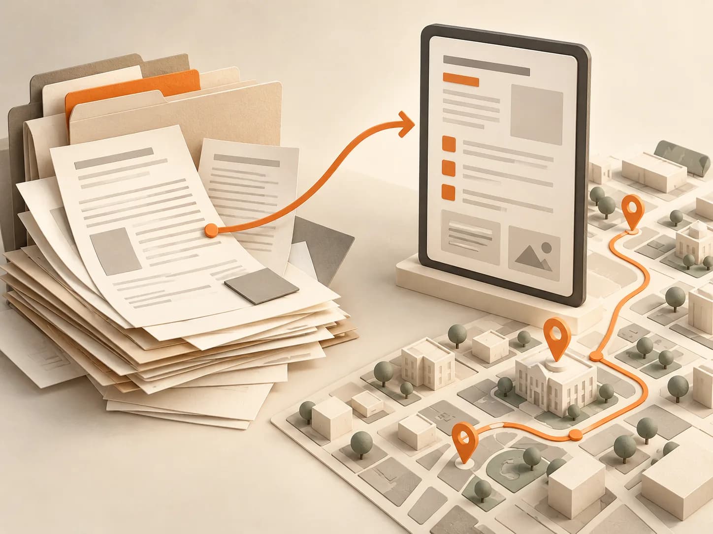 An illustrated stack of public documents becoming a digital document beside a town planning model.