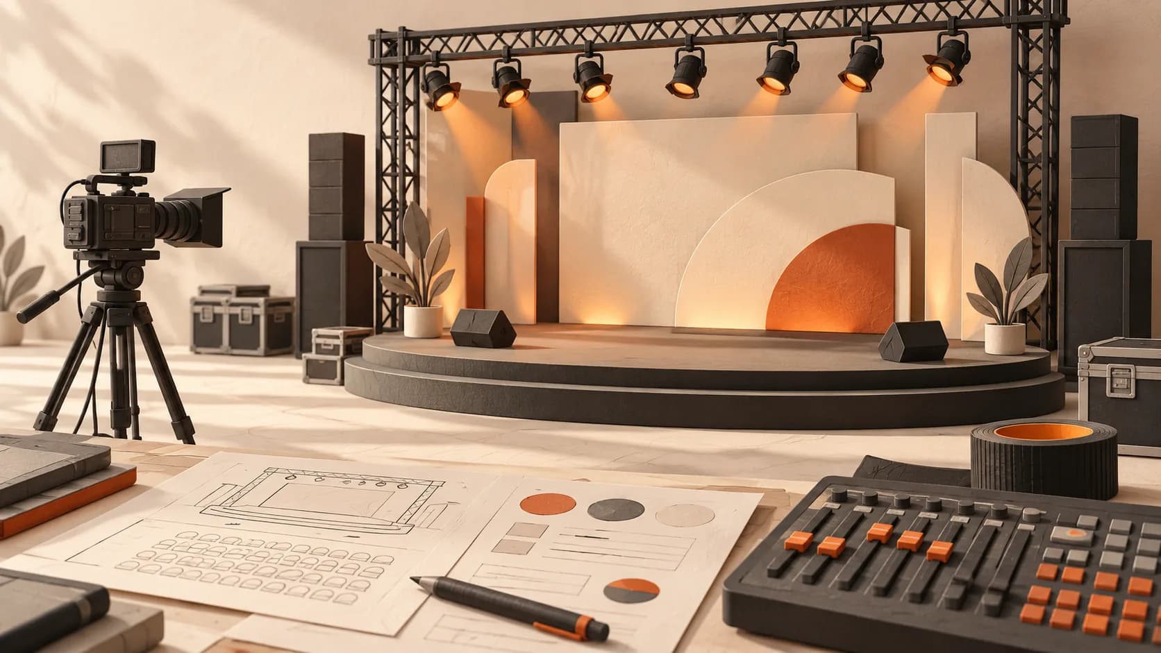 An illustrated event stage with lighting, a video camera, an audio mixer and production plans.