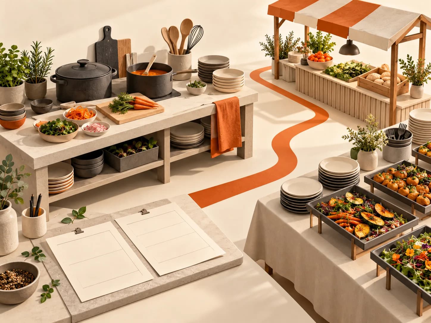 An illustrated kitchen and food stand, with menu planning and catering preparation.