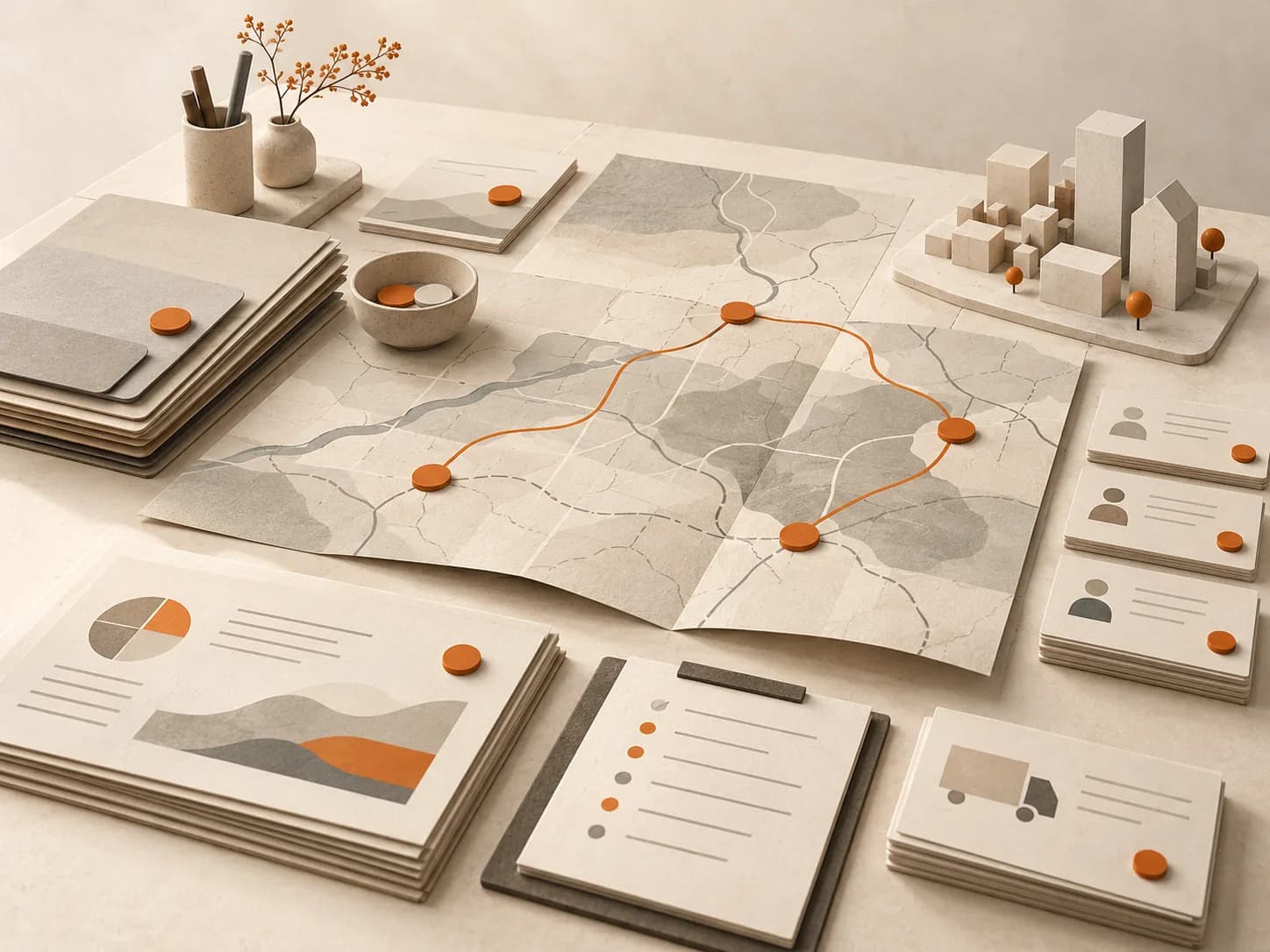 An illustrated planning desk with a map, connected routes and business documents.