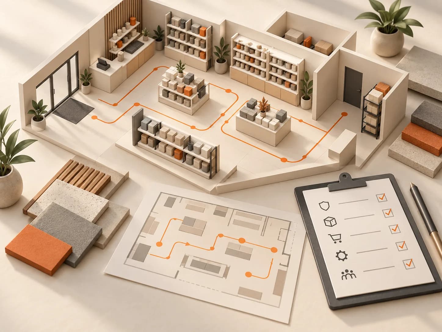 An illustrated retail floor plan with stock displays, marked access routes and a compliance checklist.