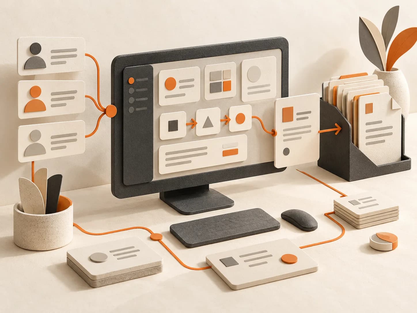 An illustrated software workspace connecting customer records, documents and workflow steps.