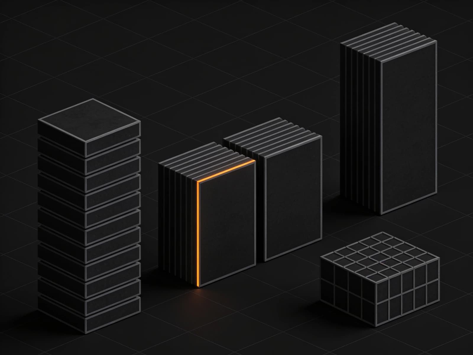 Five dark slotted blocks standing on a black grid, one edged in glowing orange