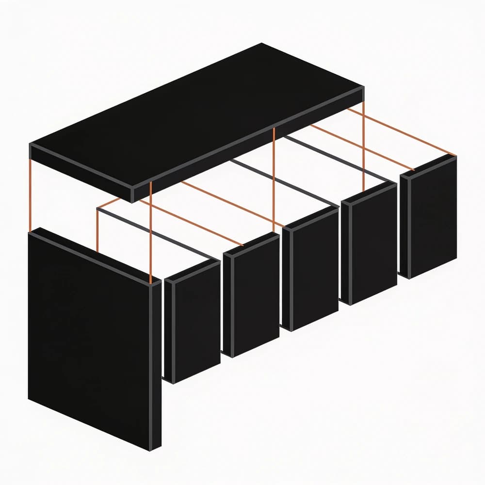 Diagram of one dark slab linked to a row of upright panels by thin orange lines