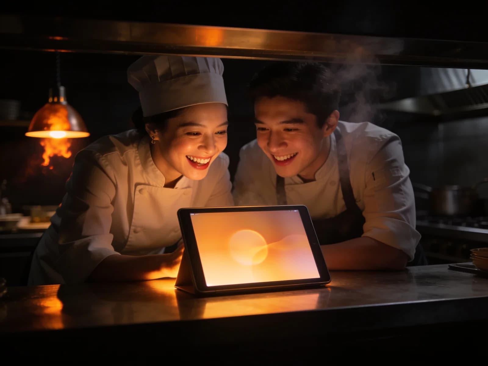 A chef and sous sharing a laugh over a glowing tablet at the pass