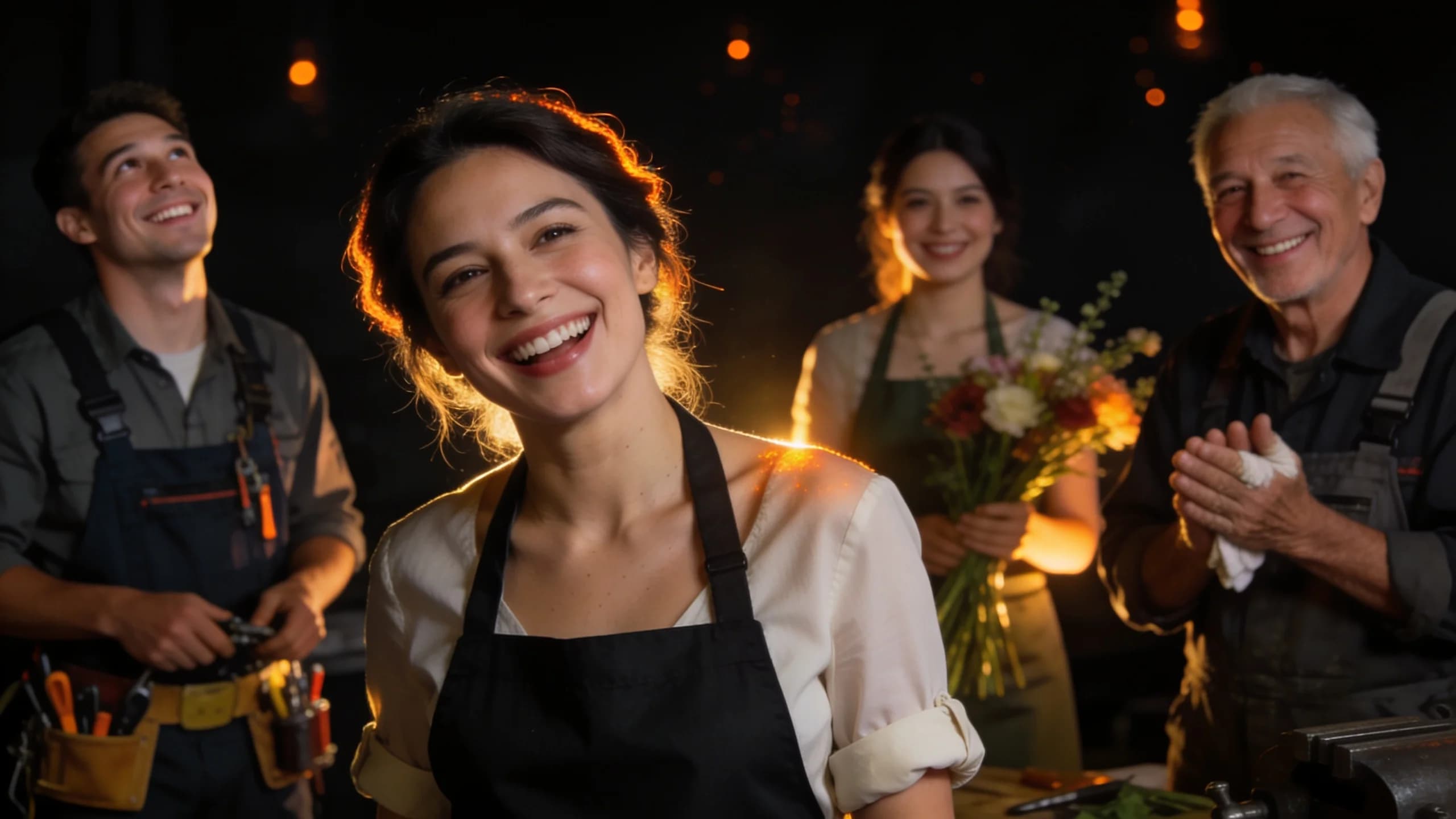 Layered portrait of business owners on a dark warm-lit stage