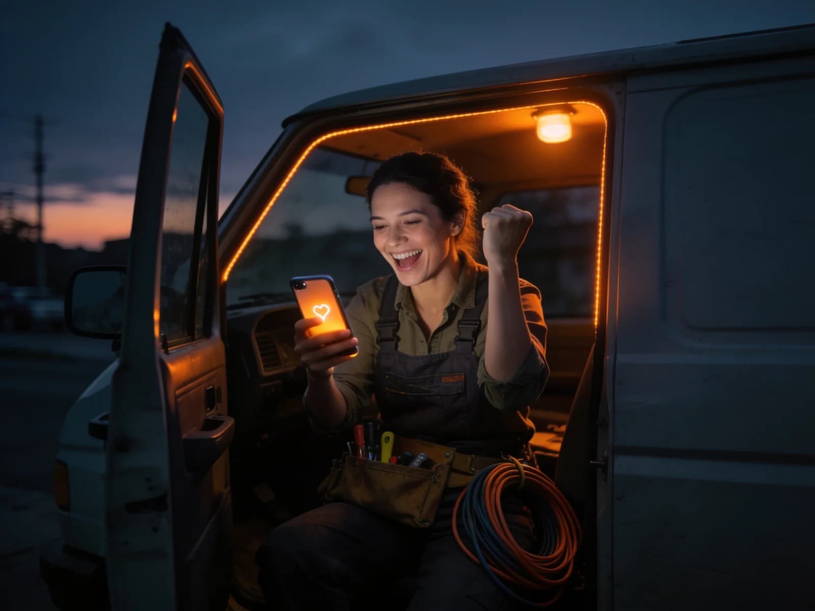 An electrician celebrating a win in her van at dawn