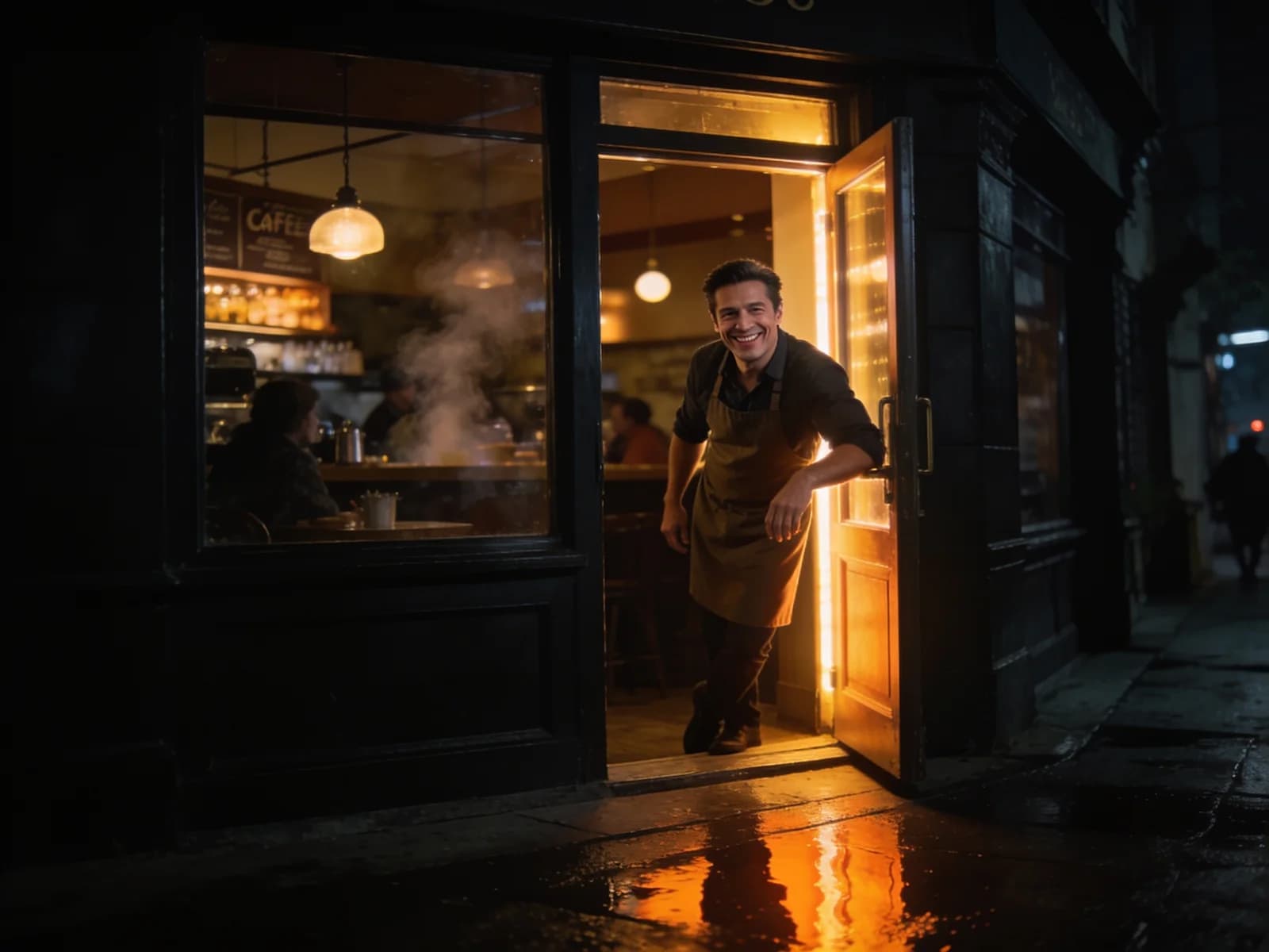 A cafe owner in his warmly lit doorway at night