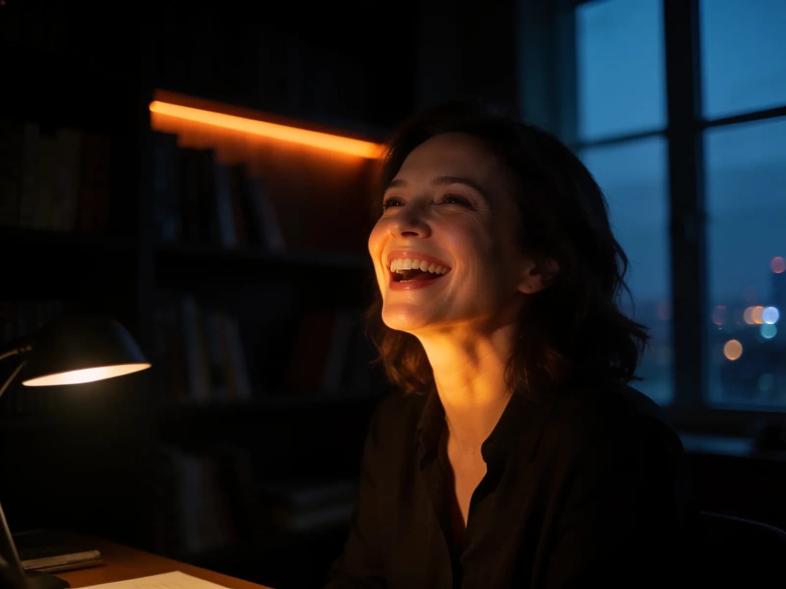 Woman laughing in a dark study, lit by a soft amber glow rising from her desk
