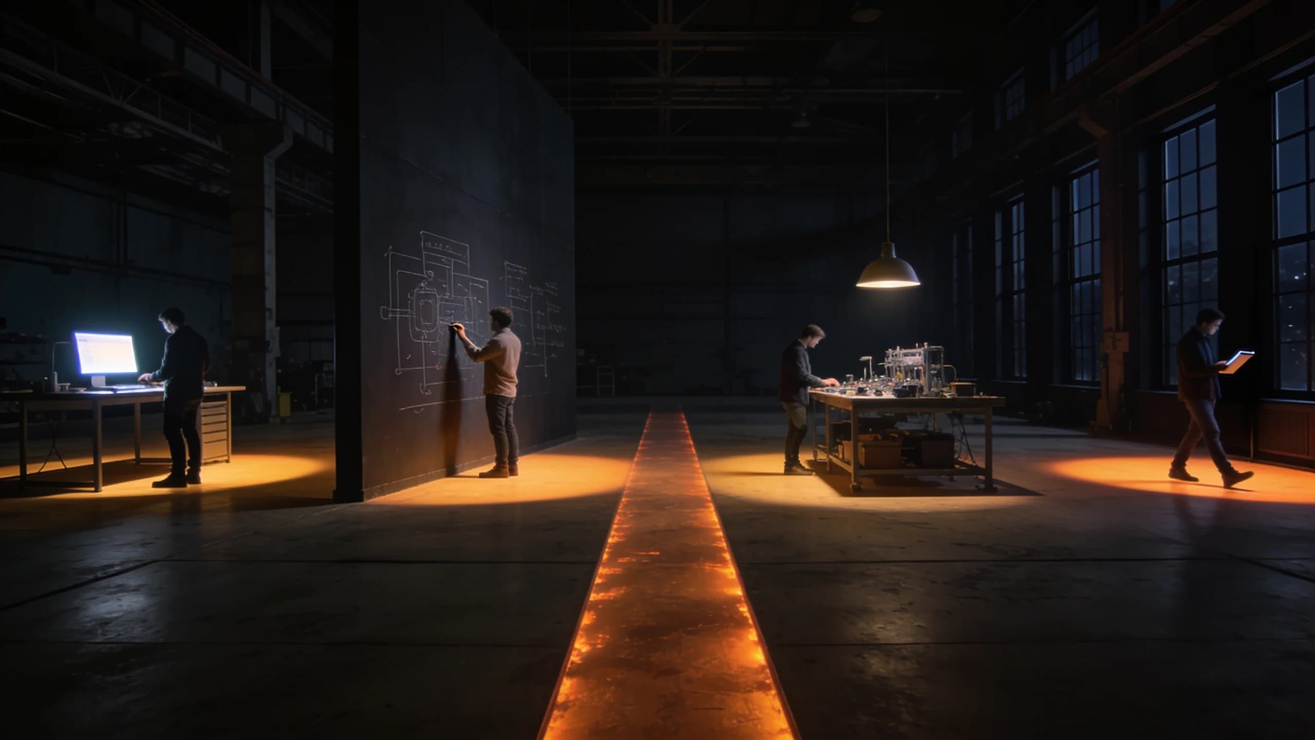 Wide dark engineering studio at night, four builders each working in their own pool of warm light