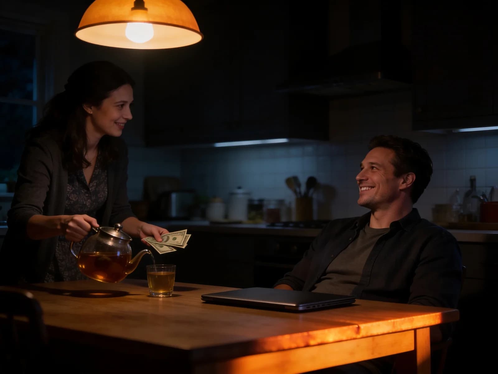 Father and his partner sharing an easy moment at a warm kitchen table at night, laptop closed