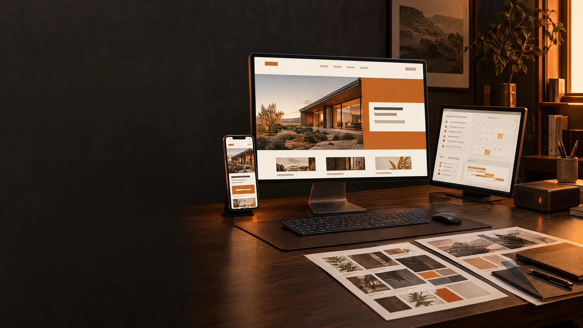 Conceptual digital-business workspace with a website on desktop and phone, campaign materials and a hosting appliance. The screens are illustrative.