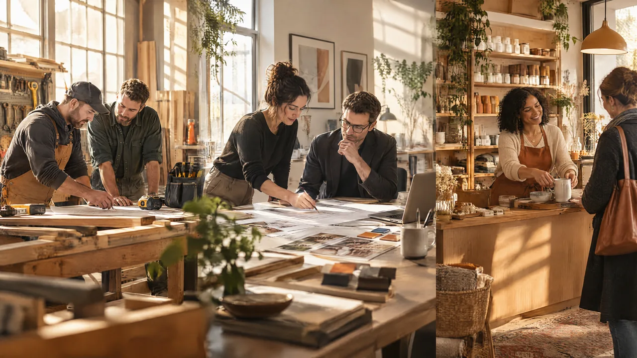 Tradespeople, a design team and a shop owner working in their own natural workplaces.
