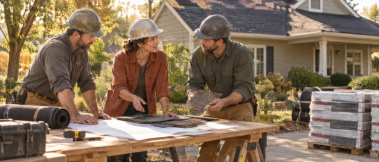 Three roofing crew members review plans and shingle samples together outside a house.
